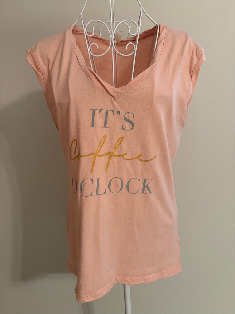 Women's Pink V-Neck Graphic Tee - "It's Coffee O'Clock"